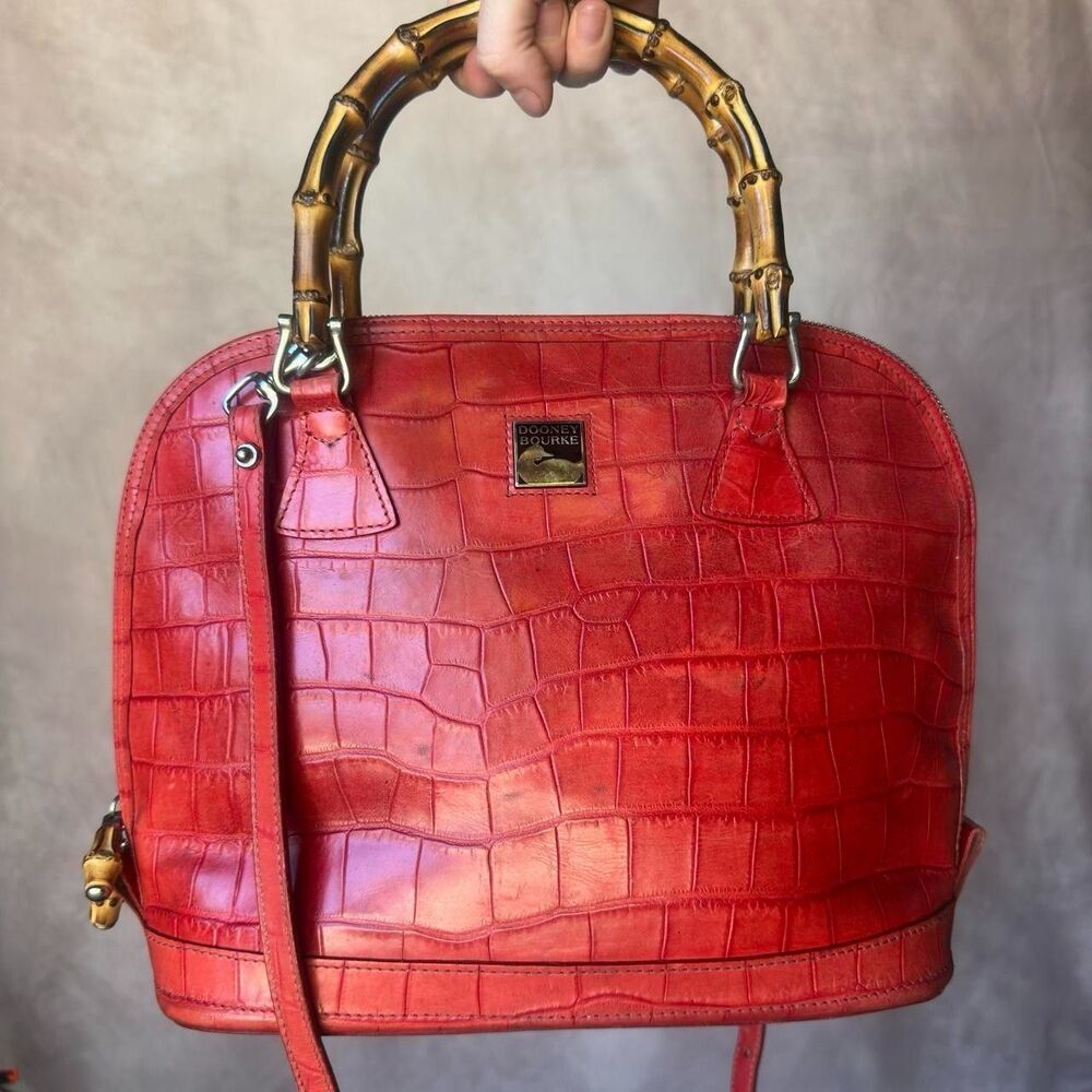 Vintage Dooney Bourke Bayou Panama Red Croc Bamboo Handle Satchel Crossbody Bag